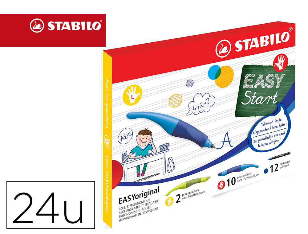 ROLLER STABILO EASYORIGINAL SCHOOLPACK DROITIER/GAUCHER RECHARGEABLE EFFACABLE TRAIT 0,5MMBLEU 12 UNITES + 12 RECHARGES