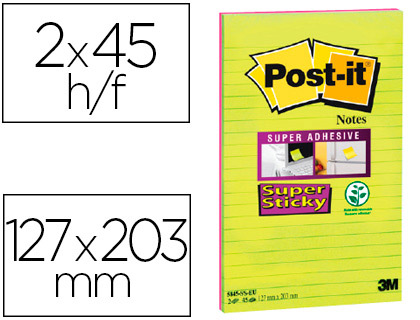 Bloc-notes post-it super sticky grand format 127x203mm 45f lignées  repositionnables coloris vert néon/fuchsia