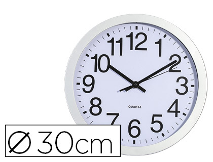 HORLOGE MURALE CARPENTRAS 30CM CADRE PLASTIQUE ARGENT FOND BLANC CHIFFRES COULEUR NOIR