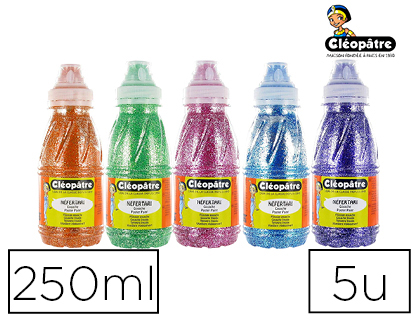 PEINTURE  L'EAU PAILLETE CLOPTRE COLORIS ORANGE VERT MAGENTA BLEU ET VIOLET 250ML LOT DE 5 FLACONS