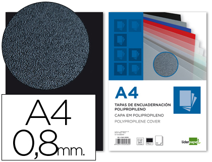 PLAT COUVERTURE LIDERPAPEL PP EXTRUD 0.8MM A4 POUR RELIURES SPIRALES PEIGNES ANNEAUX NOIR OPAQUE PAQUET 50U