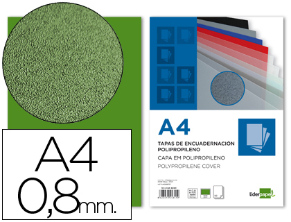 PLAT COUVERTURE LIDERPAPEL PP EXTRUD 0.8MM A4 POUR RELIURES SPIRALES PEIGNES ANNEAUX VERT OPAQUE PAQUET 50U