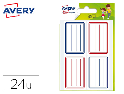 TIQUETTE SCOLAIRE AVERY LIGNES BLEUES ET ROUGES ADHSIF PERMANENT 36X56MM SACHET 24 UNITS