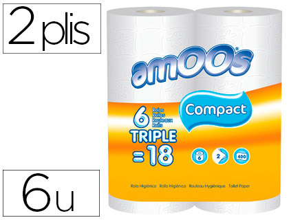 PAPIER HYGINIQUE AMOOS DOMESTIQUE 2 PLIS COMPACT PAQUET 6 ROULEAUX