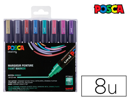 MARQUEUR POSCA PC5M GOUACHE ENCRE INODORE TOUTES SURFACES POINTE MOYENNE CONIQUE COLORIS MTALLISS 8 UNITS
