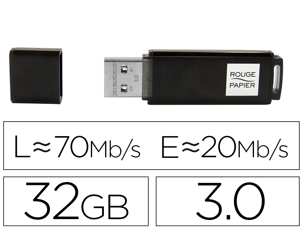 CLE USB ROUGE PAPIER 3.0 32GB LECTURE 70MB/S ECRITURE 20MB/SFLASH COLORIS NOIR