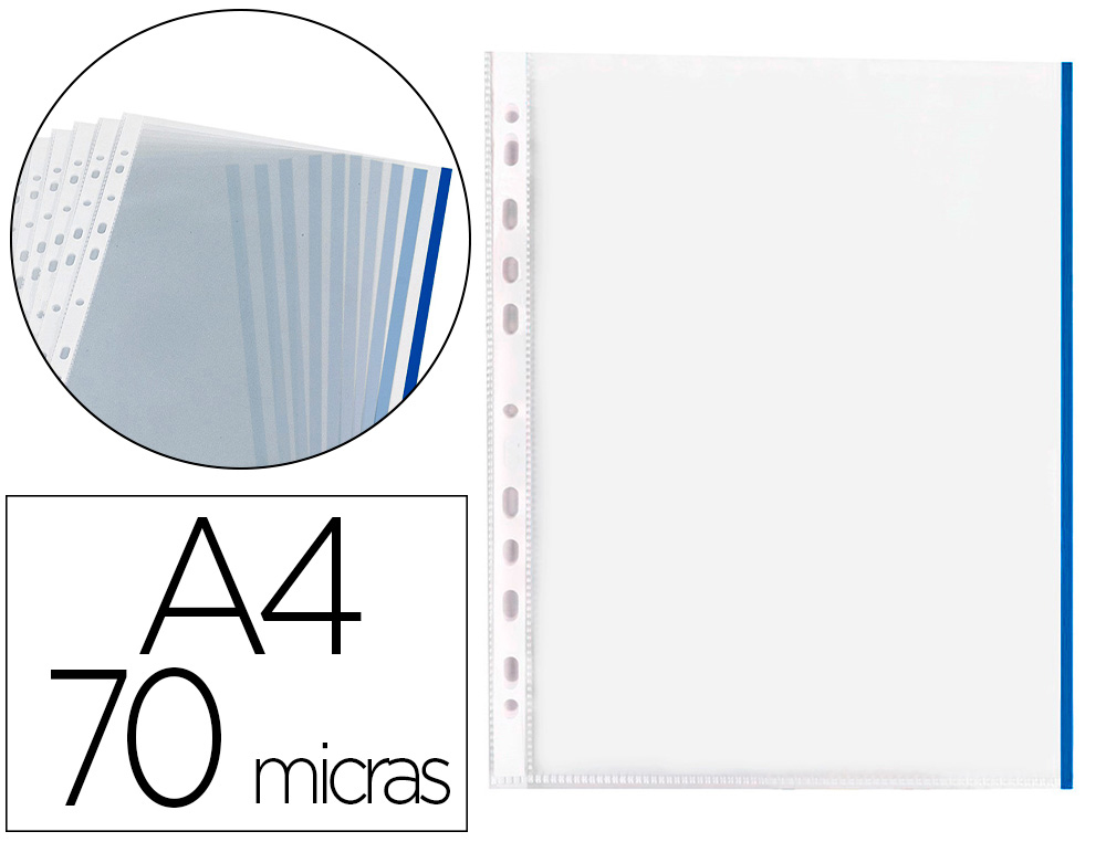 POCHETTE Q-CONNECT POLYPROPYLNE LISSE 7/100E PERFORE CRISTAL BANDE BLEUE 11 TROUS A4 210X297MM SACHET 10 UNITS