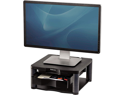 SUPPORT CRAN FELLOWES ORDINATEUR CRT/LCD RGLABLE 5 HAUTEURS 64/165MM TIROIR PORTE-COPIE SUPPORTE 36KG COLORIS NOIR