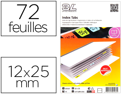 MARQUE-PAGES 3L INDEX PERMANENT ETROIT SEMI-RIGIDE 12X25MM 72F COLORIS ASSORTIS ROUGE JAUNE BLEU VERT