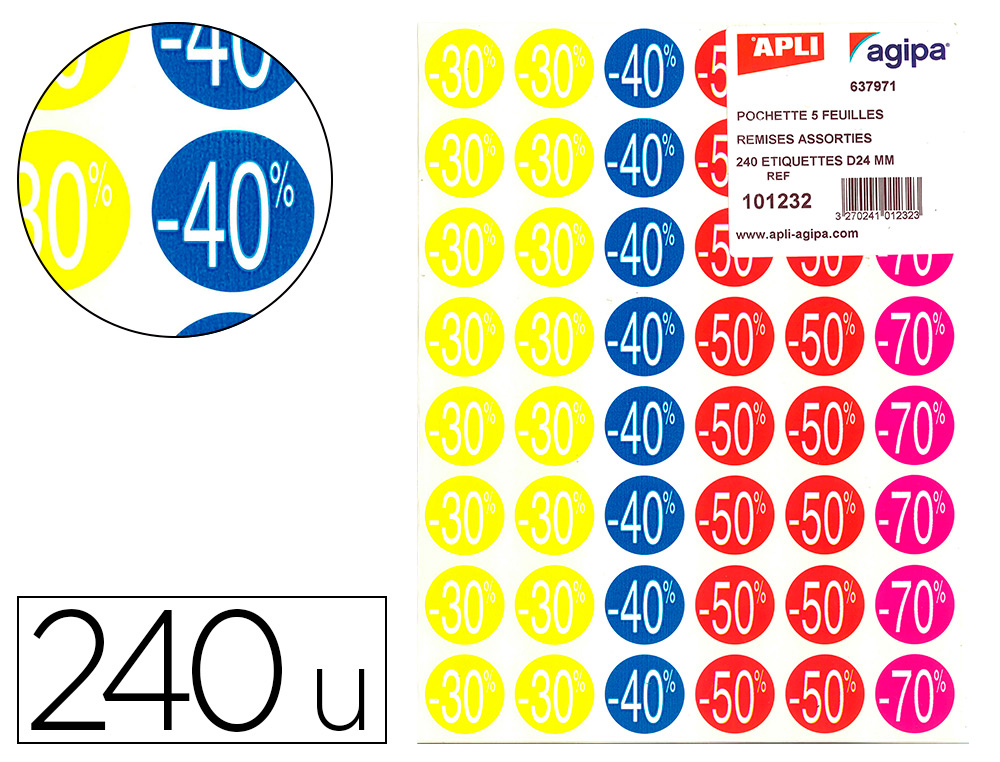 TIQUETTE ADHSIVE APLI PR-IMPRIME REMISE -30% -40% -50% -70% PERMANENTE COLORIS ASSORTIS 240 PASTILLES