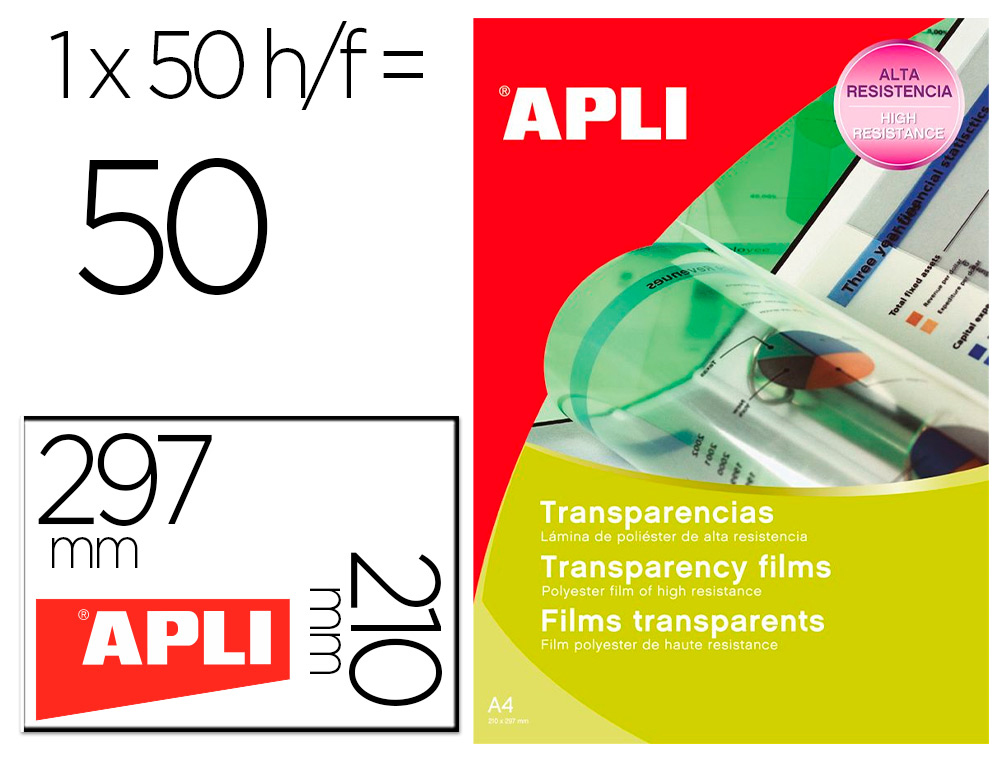 FILM TRANSPARENT APLI A4 POUR IMPRIMANTE LASER COULEUR BOTE 50 FEUILLES