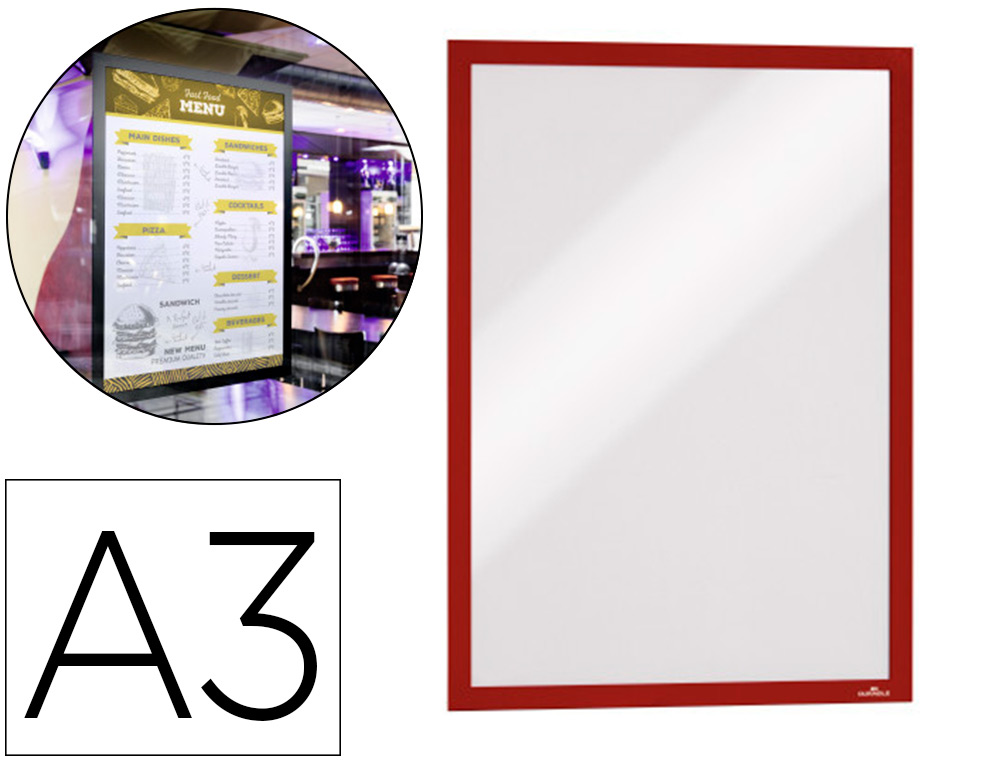 CADRE AFFICHAGE DURABLE DOS ADHSIF CONTOUR MAGNTIQUE FORMAT A3 REPOSITIONNABLE COLORIS ROUGE POCHETTE 2 UNITS