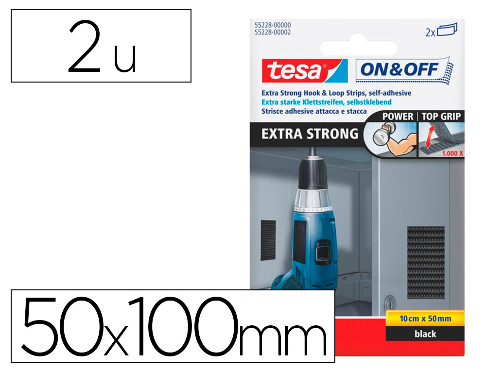 BANDE AUTO-AGRIPPANTE TESA EXTRA-FORTE VELCRO 50X100MM COLORIS NOIR LOT 2 UNITS