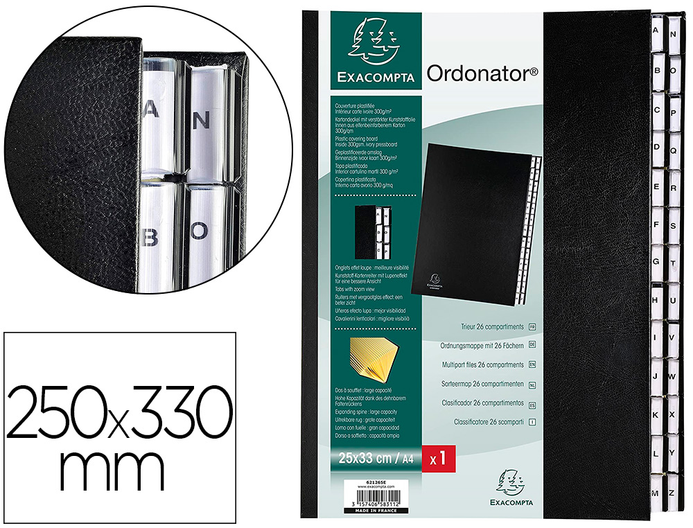TRIEUR EXACOMPTA ORDONATOR CARTON RECOUVERT PVC 25X33CM ALPHABTIQUE 26 COMPARTIMENTS 300F DOS EXTENSIBLE COLORIS NOIR