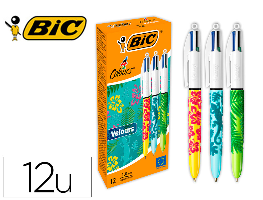 STYLO-BILLE BIC 4 COULEURS CLASSIQUES POINTE MOYENNE 1MM RETRACTABLE  RECHARGEABLE CORPS TOUCHE VELOURS MOTIFS