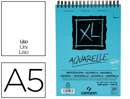 QUIMPERLE BURO SARL  ALBUM CANSON XL AQUARELLE A SPIRALE PAPIER GRAIN FIN  BLANC 300G A5 14,8X21CM 20F