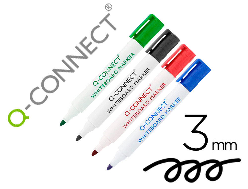 MARQUEUR Q-CONNECT TABLEAU BLANC POINTE ARRONDIE TRAC 3MM CORPS PLASTIQUE ENCRE BASE ALCOOL COLORIS ASSORTIS