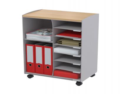 DESSERTE MOBILE PAPERFLOW POYSTYRENE 9 CASES GRISES     DONT 2 GRANDES PLATEAU HETRE  ROULETTES PIVOTANTES