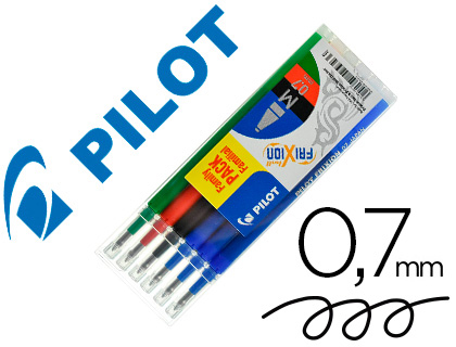 PILOT Set de 6 recharges FriXion 3 Bleu, Noir, Rouge, Vert - Pointe moyenne