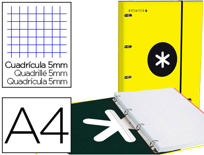 CLASSEUR ANTARTIK 4 ANNEAUX RONDS 25MM A4 CARTON REMBORD FEUILLETS MOBILES QUADRILLAGE 5MM COLORIS JAUNE
