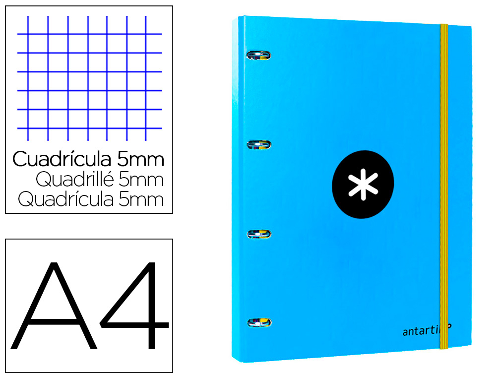 CLASSEUR LIDERPAPEL ANTARTIK 4 ANNEAUX RONDS 25MM A4 CARTON REMBORD FEUILLETS MOBILES QUADRILLAGE 5MM COLORIS BLEU