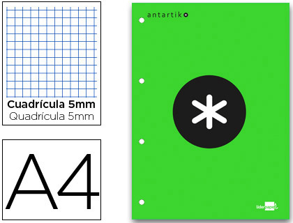 BLOC-NOTES LIDERPAPEL ANTARTIK 200 PAGES ENCOLLES 100G A4 QUADRILLAGE 5MM COLORIS VERT