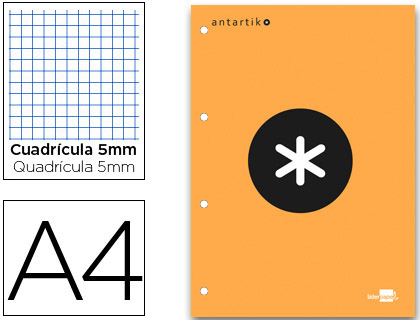 BLOC-NOTES LIDERPAPEL ANTARTIK 200 PAGES ENCOLLES 100G A4 QUADRILLAGE 5MM COLORIS ORANGE