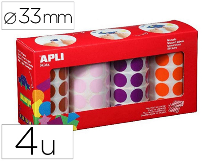 GOMMETTES APLI XL FORME RONDE DIAM. 33MM COLORIS MARRON ORANGE LILAS ET ROSE PACK DE 4 ROULEAUX 2832U