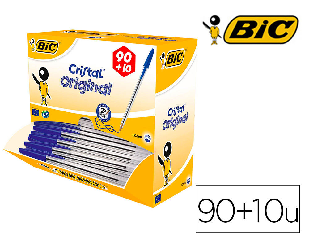 STYLO-BILLE BIC CRISTAL CORPS TRANSPARENT ENCRE BLEUE POINTE MOYENNE 1MM RECHARGEABLE VALUE PACK 90 + 10UN 62X30X15 MM