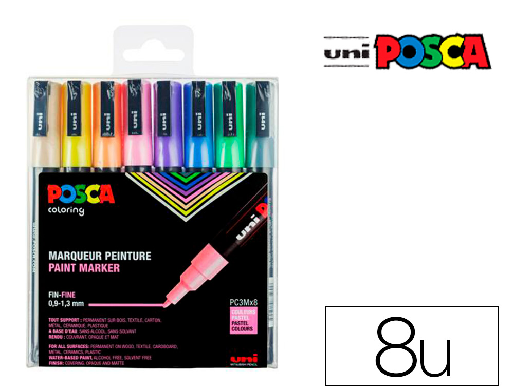 MARQUEUR POSCA PC3M GOUACHE BASE EAU COUVRANTE INODORE POINTE CONIQUE FINE  NOIR BLANC ARGENT OR 4UN