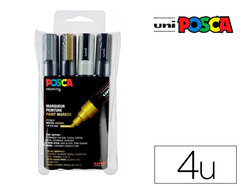 MARQUEUR POSCA PC5M GOUACHE POINTE CONIQUE MOYENNE        COLORIS NOIR BLANC ARGENT OR  POCHETTE DE 4UN