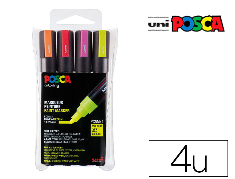 MARQUEUR POSCA PC5M GOUACHE POINTE MOYENNE COLORIS FLUO   ROUGE ROSE ORANGE JAUNE       POCHETTE DE 4UN