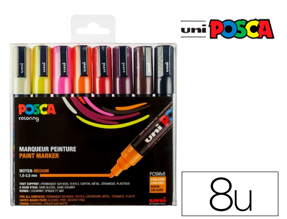MARQUEUR POSCA PC5M GOUACHE BASE EAU COUVRANTE INODORE    POINTE CONIQUE MOYENNE COLORISASSORTIS 8UN PC5M/8A ASS15