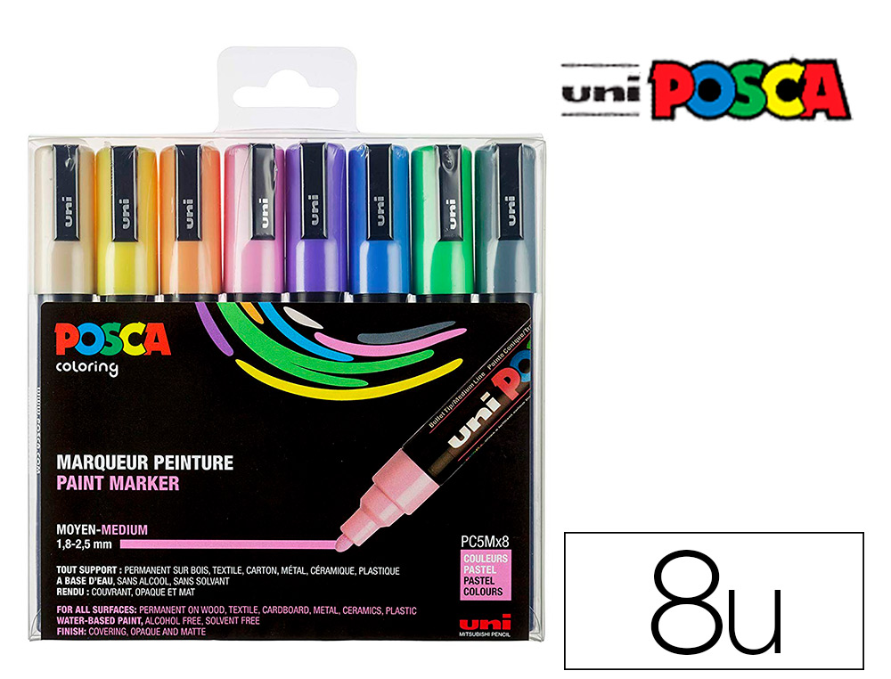 MARQUEUR POSCA PC5M GOUACHE BASE EAU COUVRANTE INODORE    POINTE CONIQUE MOYENNE COLORISPASTEL 8UN PC5M/8A ASS25
