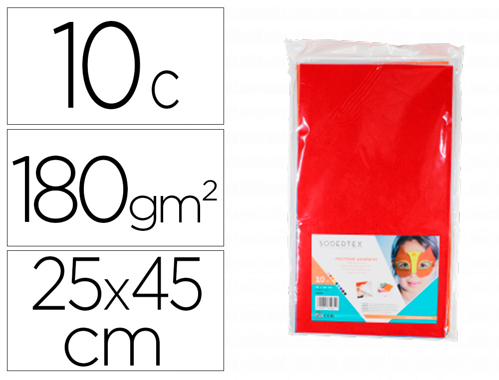 FEUTRINE ADHESIVE SODERTEX 180GM2 1MM 250X450MM 10       COUPONS COLORIS ASSORTIS