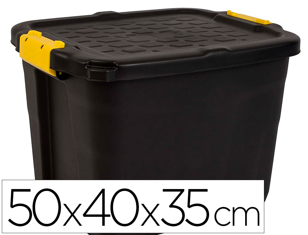 BOITE RANGEMENT STRATA HEAVY DUTY 42L POLYPROPYLENE TRES ROBUSTE 2 POIGNES CLIPS JAUNES 50X40X35CM COLORIS NOIR