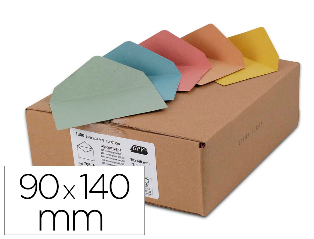 ENVELOPPE GPV ELECTION PAPIER COULEUR RECYCLE 75G 90X140MM PATTE TRIANGULAIRE SANS GOMMAGE 6 COLORIS BOITE 1000 UNITES