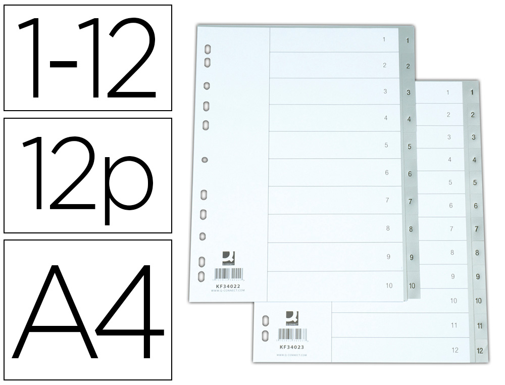 INTERCALAIRE Q-CONNECT NUMRIQUE PP 12 POSITIONS A4 210X297 MM COUVERTURE AVEC INDICE MULTIPERFOR COLORIS GRIS