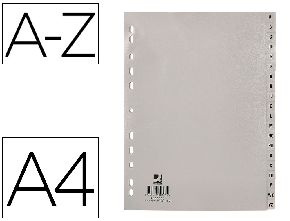 INTERCALAIRE Q-CONNECT PP 12/ 100E A4 225X297MM MULTIPERFORÉ ALPHABET GRAVÉ  ONGLETS COLORIS GRIS