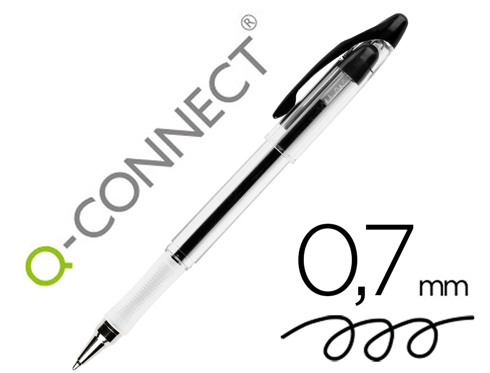 STYLO-BILLE Q-CONNECT TRANSPARENT TRAIT 0.4MM POINTE MOYENNE 0.7MM ENCRE DOUCE GRIP CAOUTCHOUC COLORIS NOIR