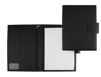 CONFRENCIER A4 SIMILICUIR POCHE RABAT FERMETURE BOUTON PRESSION BLOC-NOTES INCLUS 3 COMPARTIMENTS 34,6X25X2,5CM NOIR