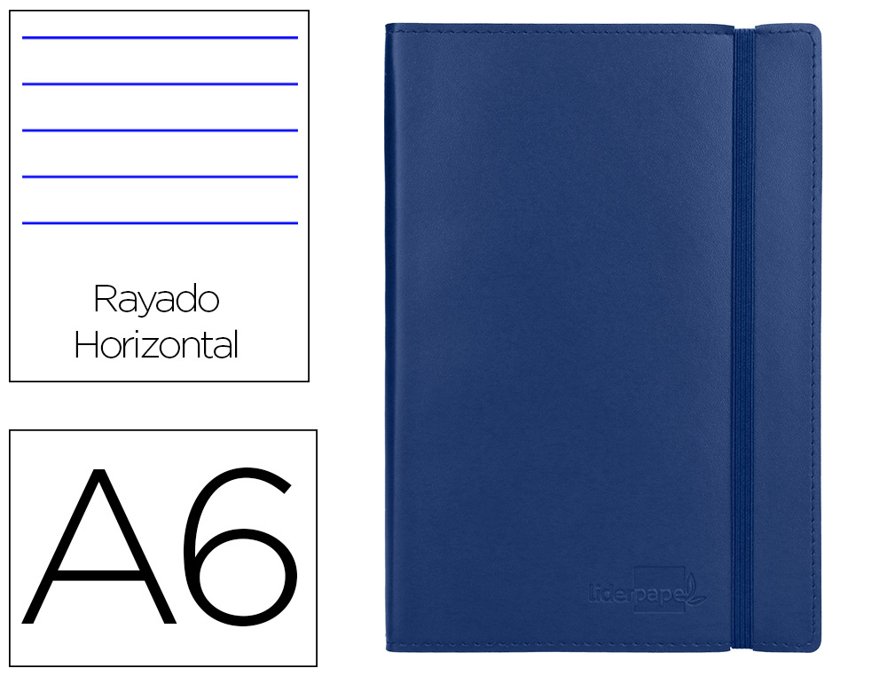 CARNET LIDERPAPEL COUVERTURE SIMILI CUIR ENCOLLE A6 10,5X14,8CM 70G 240 PAGES LIGN FERMETURE LASTIQUE COLORIS BLEU