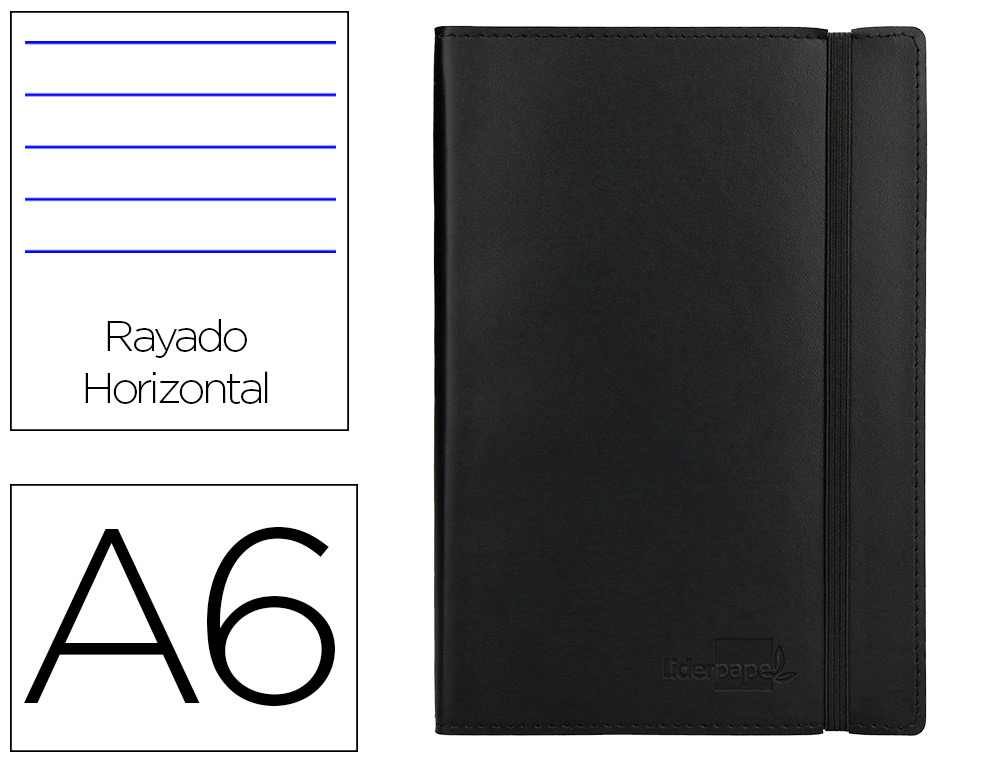 CARNET LIDERPAPEL COUVERTURE SIMILI CUIR ENCOLLE A6 10,5X14,8CM 70G 240 PAGES LIGN FERMETURE LASTIQUE COLORIS NOIR
