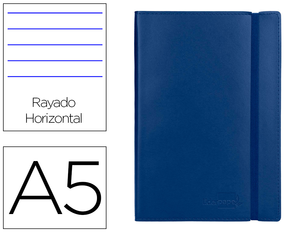 CARNET LIDERPAPEL COUVERTURE SIMILI CUIR ENCOLLE A5 14,8X21CM 70G 240 PAGES LIGN FERMETURE LASTIQUE COLORIS BLEU
