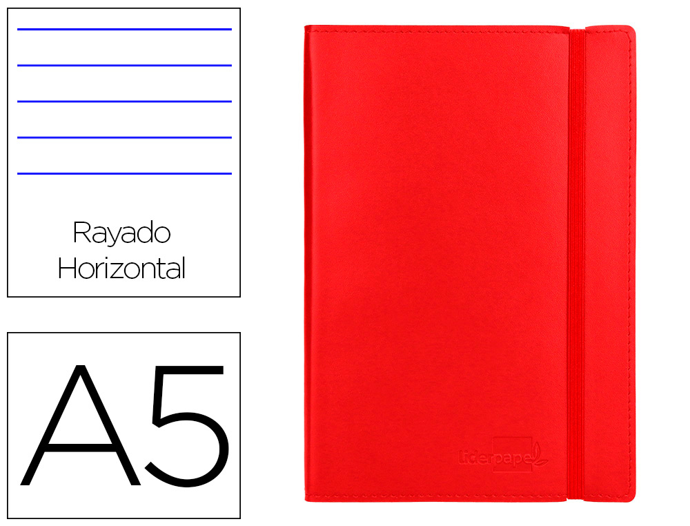 CARNET LIDERPAPEL COUVERTURE SIMILI CUIR ENCOLLE A5 14,8X21CM 70G 240 PAGES LIGN FERMETURE LASTIQUE COLORIS ROUGE