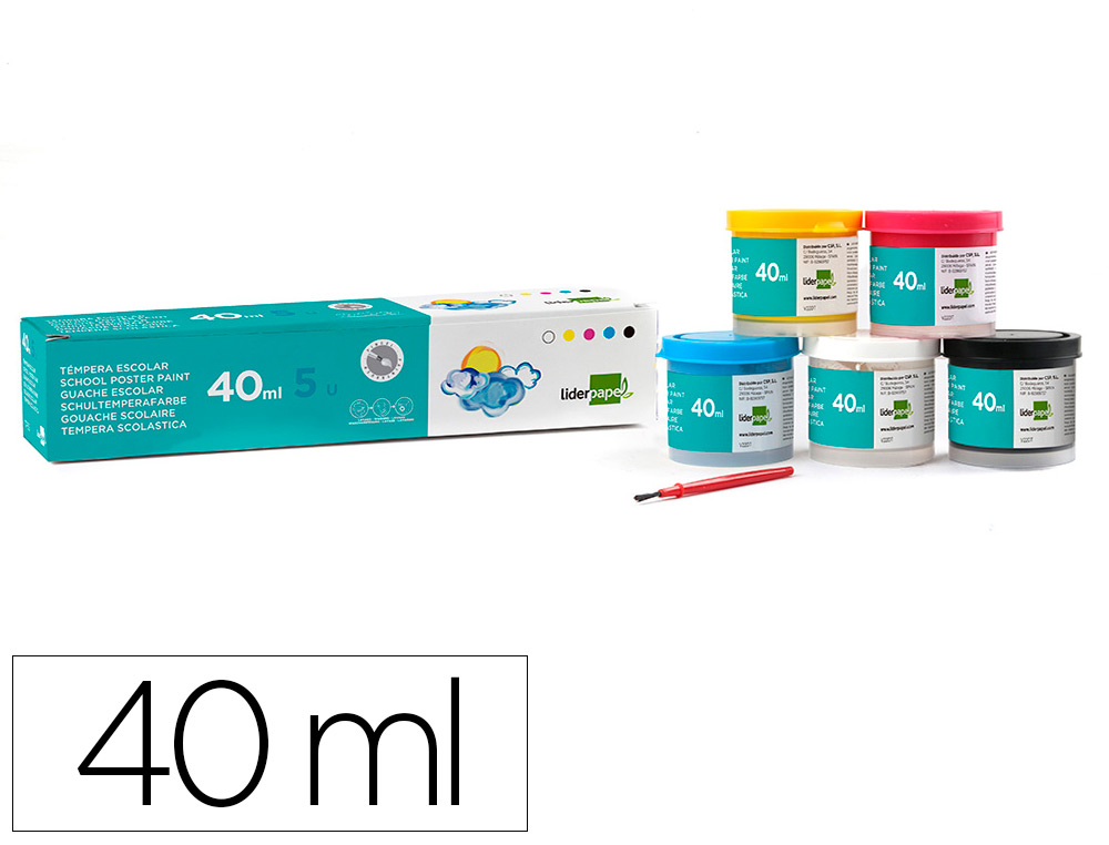 GOUACHE SCOLAIRE LIDERPAPEL 5 COLORIS ASSORTIS + PINCEAU POT 40ML