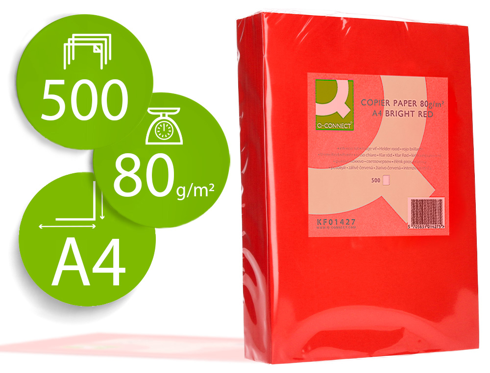 PAPIER COULEUR Q-CONNECT MULTIFONCTION A4 80G/M2 UNICOLORE ROUGE INTENSE RAMETTE 500 FEUILLES