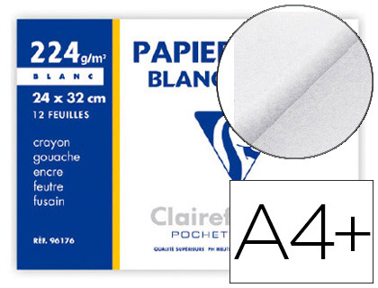 PAPIER DESSIN CLAIREFONTAINE GRAIN LGER PRONONC SANS ACIDE BLANCHEUR NATURELLE 224G A4+ POCHETTE 12F