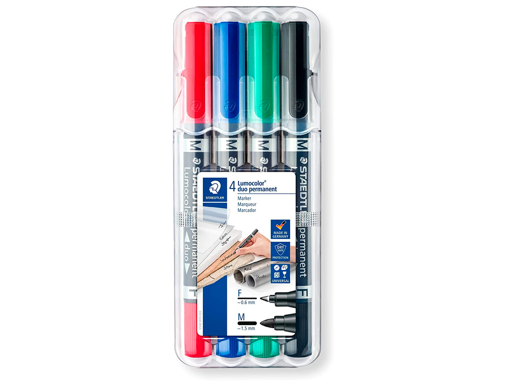 MARQUEUR STAEDTLER PERMANENT LUMOCOLOR DUO MULTI-USAGES DOUBLE POINTE 0.6 ET 1.5MM ENCRE DRY SAFE TUI CHEVALET 4 UNITS