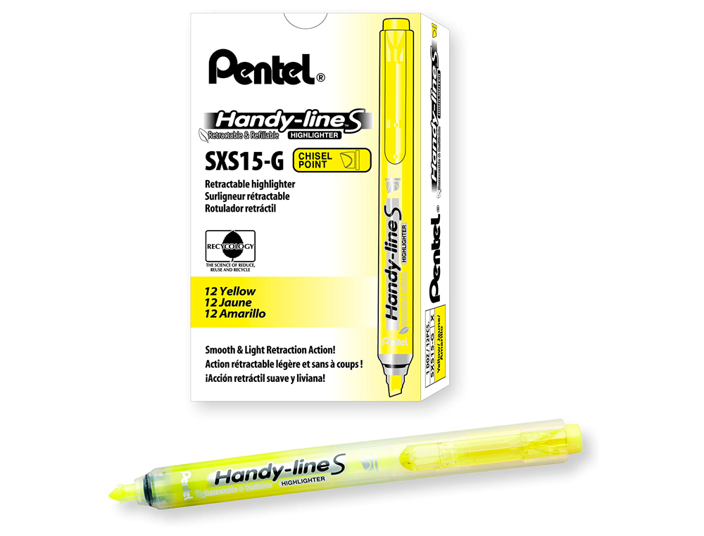 SURLIGNEUR PENTEL HANDY LINE S RTRACTABLE RECHARGEABLE POINTE BISEAUTE 1/3.6MM CORPS FIN ENCRE JAUNE